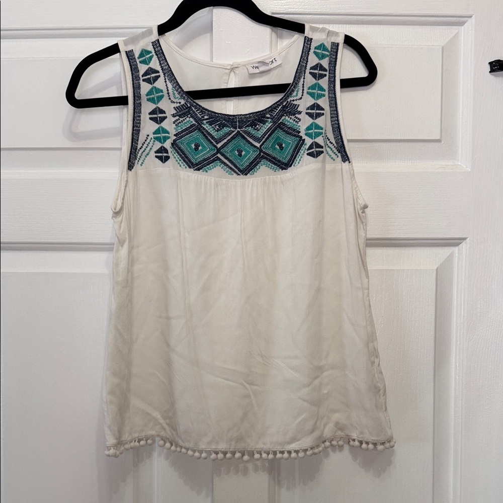 Westport White blouse with Teal and Navy Embroidery
